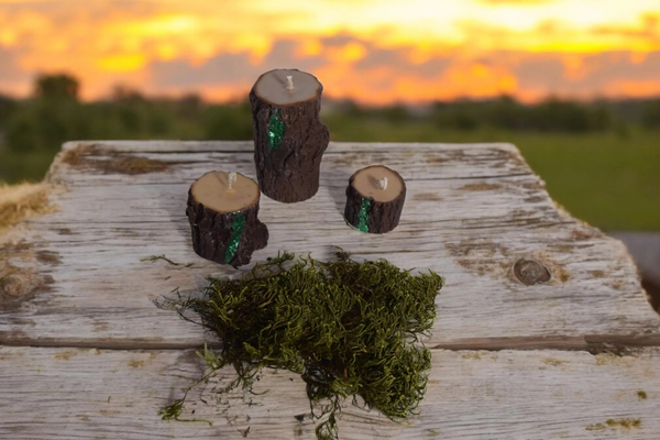 Rustic Tree Log Candles with Emerald Accents – Nature-Inspired Home Décor